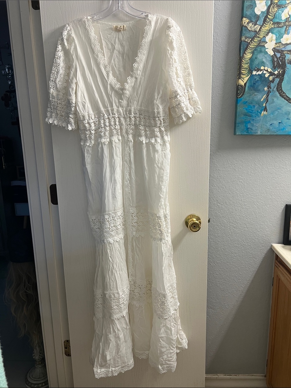 Elan White V-Neck Lace-Trim Maxi Dress